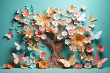 Artistic papercraft with a blossom tree with many flowers and butterfly. Generative AI
