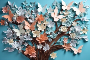 Artistic papercraft with a blossom tree with many flowers and butterfly. Generative AI