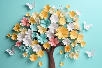 Artistic papercraft with a blossom tree with many flowers and butterfly. Generative AI