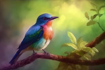 Naklejka premium Bute blue, green and pink bird on a branch with a natural background. Generative AI