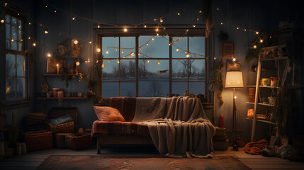 cozy room with comfortable couch and lights.