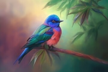 Fototapeta premium Bute blue, green and pink bird on a branch with a natural background. Generative AI