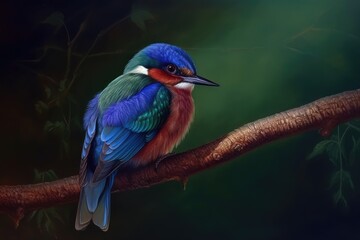 Fototapeta premium Bute blue, green and pink bird on a branch with a natural background. Generative AI