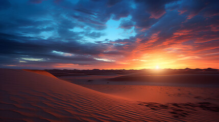 Fototapeta na wymiar sunrise in a desert with colorful dunes in the foreground
