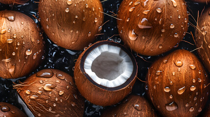 Fresh Coconut background with waterdrops