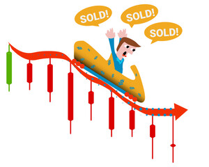 Funny business illustration roller coaster stock market crash bullish. selling fear of investor