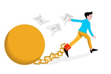 Trapped by debt, credit, and bills. Financial problem business illustration. concept. Businessman with legs chained to a giant golden ball