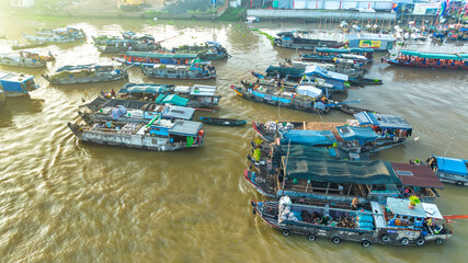 Cai Rang floating market, Can Tho, Vietnam, aerial view. Cai Rang is famous market in mekong delta,...