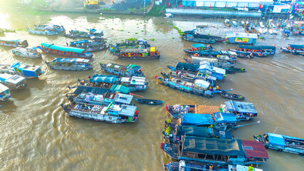Cai Rang floating market, Can Tho, Vietnam, aerial view. Cai Rang is famous market in mekong delta, Vietnam. © huythoai