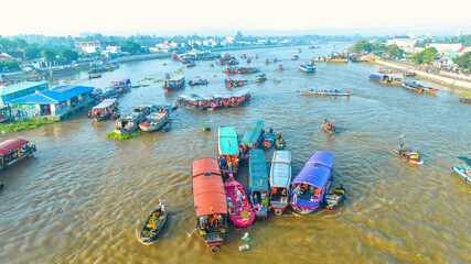 Cai Rang floating market, Can Tho, Vietnam, aerial view. Cai Rang is famous market in mekong delta, Vietnam. © huythoai