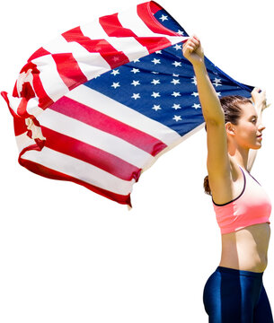 Digital png photo of caucasian woman with sports clothes and flag of usa on transparent background