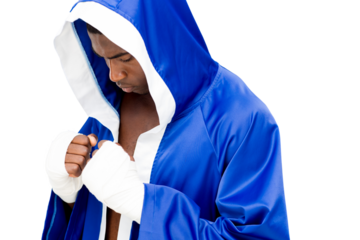 Digital png photo of biracial male boxer wearing blue boxing robe on transparent background