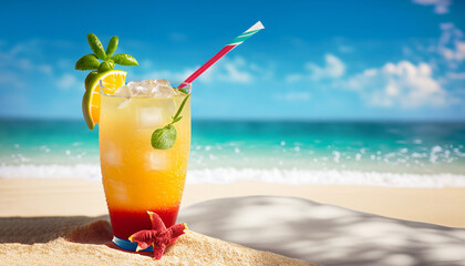 Fresh tropical cocktail on beautiful sunny beach