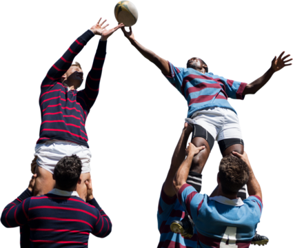 Digital png photo of diverse male rugby players catching rugby ball on transparent background