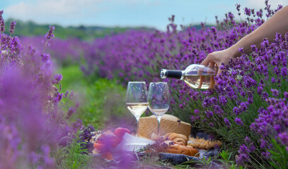 picnic in a lavender field, rest in nature, wine, fruit, berries.