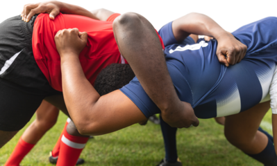Digital png photo of diverse rugby players during match on transparent background