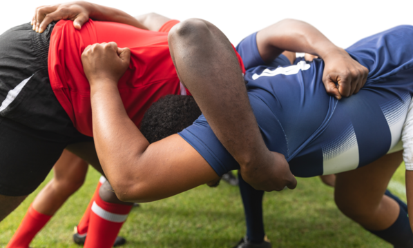 Digital png photo of diverse rugby players during match on transparent background