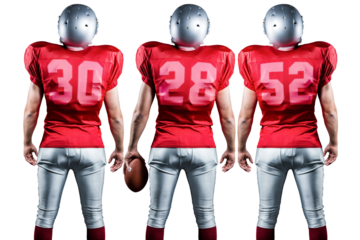 Digital png photo of back view of caucasian rugby players on transparent background