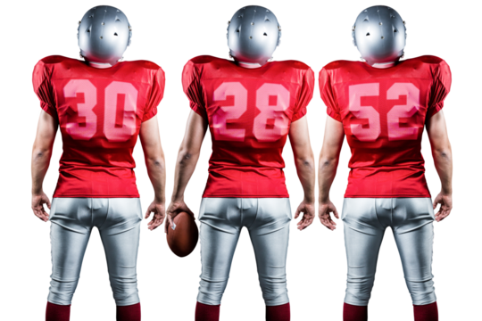 Digital png photo of back view of caucasian rugby players on transparent background - Powered by Adobe
