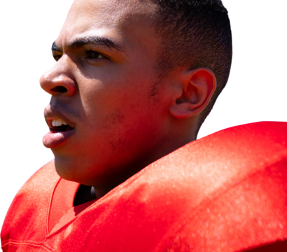 Digital png photo of portrait of biracial rugby player on transparent background - Powered by Adobe