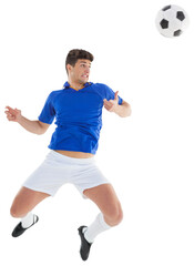Digital png photo of caucasian footballer jumping to ball on transparent background