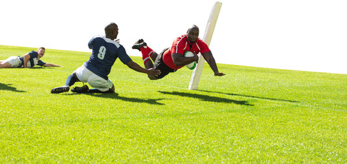 Digital png photo of diverse rugby players during match on transparent background