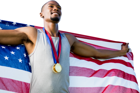 Digital png photo of biracial medallist with flag on back on transparent background - Powered by Adobe