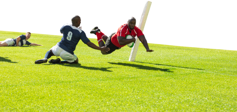 Digital png photo of diverse rugby players during match on transparent background