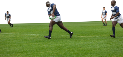 Digital png photo of diverse rugby players during match on transparent background