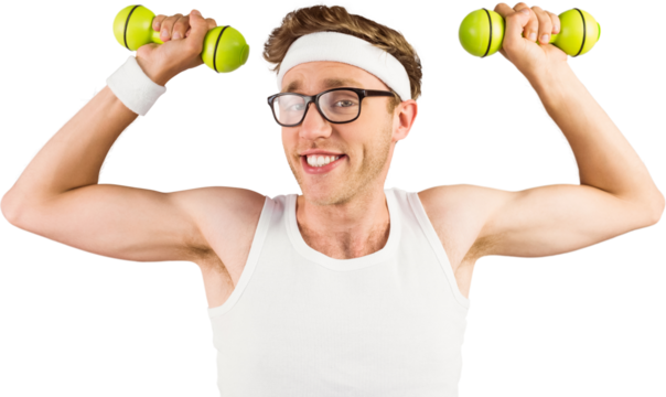 Digital png photo of caucasian funny man holding dumbbells on transparent background