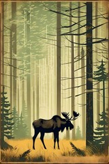 A vintage poster illustration of moose in the forest of Canada. Trees, Grass, Nature. The poster is old and worn with a distressed and grunge texture. (AI-generated fictional illustration)
 