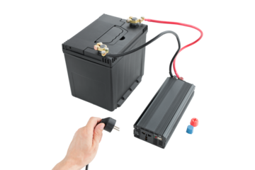 connecting a network wire to a power inverter, connected to a 12v battery, a DC to AC converter, on an isolated white background