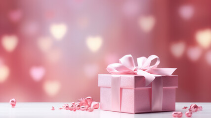 Pink gift box with bow on the table. Colorful hearts in bokeh background.