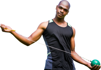 Digital png photo of biracial sports man holding ball on transparent background
