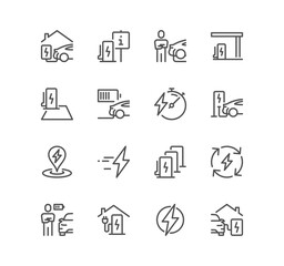 Set of car charging station related icons, car plugged to charge, battery, electric socket station, car charging and linear variety vectors.