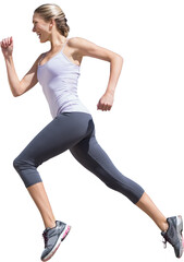 Digital png photo of caucasian female runner running on transparent background