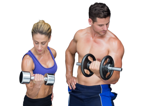 Digital png photo of caucasian muscular couple lifting dumbbells on transparent background