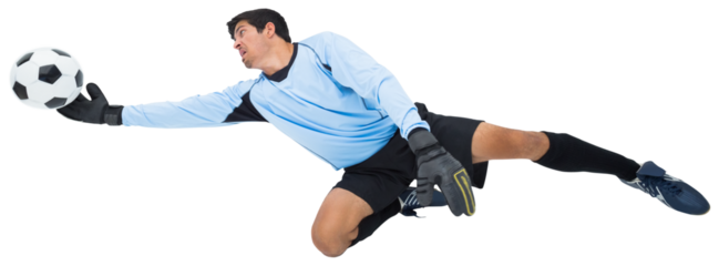 Digital png photo of caucasian male goalkeeper catching football on transparent background