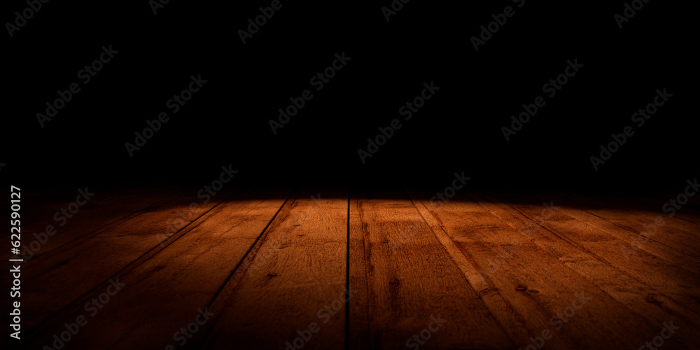 Wall mural Vintage wood floor texture and dark wall background. Grunge wooden planks with soptlight in empty room interior for product display and montage. Mockup design template.