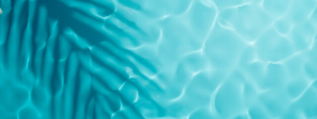 Fototapeta na wymiar Aqua waves and coconut palm shadow on blue background. Water pool texture top view.Tropical summer mockup design. Luxury travel holiday.