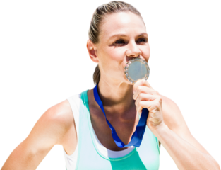 Digital png photo of caucasian sports woman kissing medal on transparent background