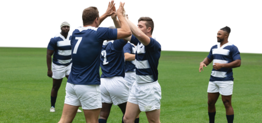 Digital png photo of diverse male rugby players high fiving on transparent background