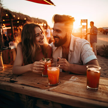 Generative AI image of smiling young couple looking at each other while sitting at wooden table in beach and enjoying drink against sunset