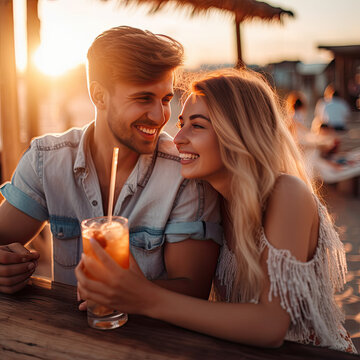 Generative AI image of smiling young couple while sitting at wooden table in beach and enjoying drink against blurred sea and sunset