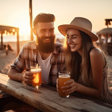 Generative AI image of smiling young couple looking away while sitting at wooden table in beach and enjoying beer against blurred sea and sunset