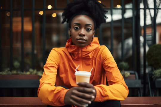 Generative AI illustration portrait of young black female with Afro hairstyle and in yellow jacket holding cup of coffee and looking at camera in cafe