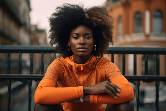 Generative AI illustration portrait of young black female with afro curly hair and in orange jacket and looking at camera