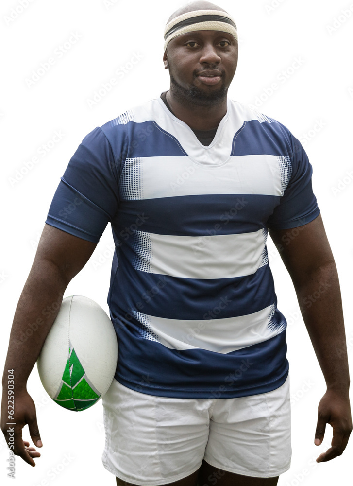 Wall mural Digital png photo of african american male rugby player with ball on transparent background