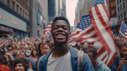 Generative AI illustration of cheerful young black male in casual clothes with crowd of people holding flags while celebrating USA independent day