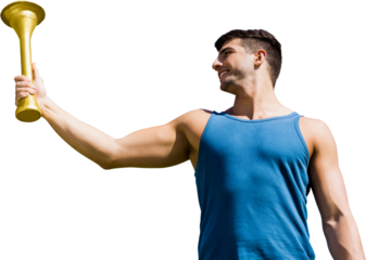 Digital png photo of caucasian man holding cup on transparent background